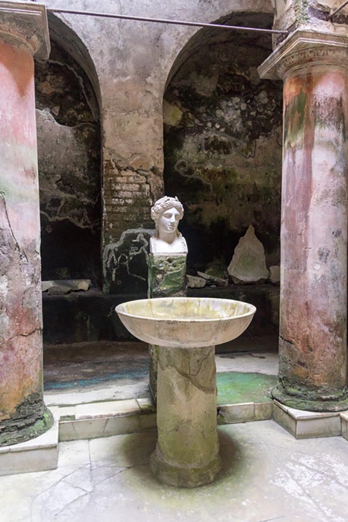 Herculaneum Suburban Baths. October 2023. 
Looking east across atrium towards fountain bust of Apollo. Photo courtesy of Johannes Eber.